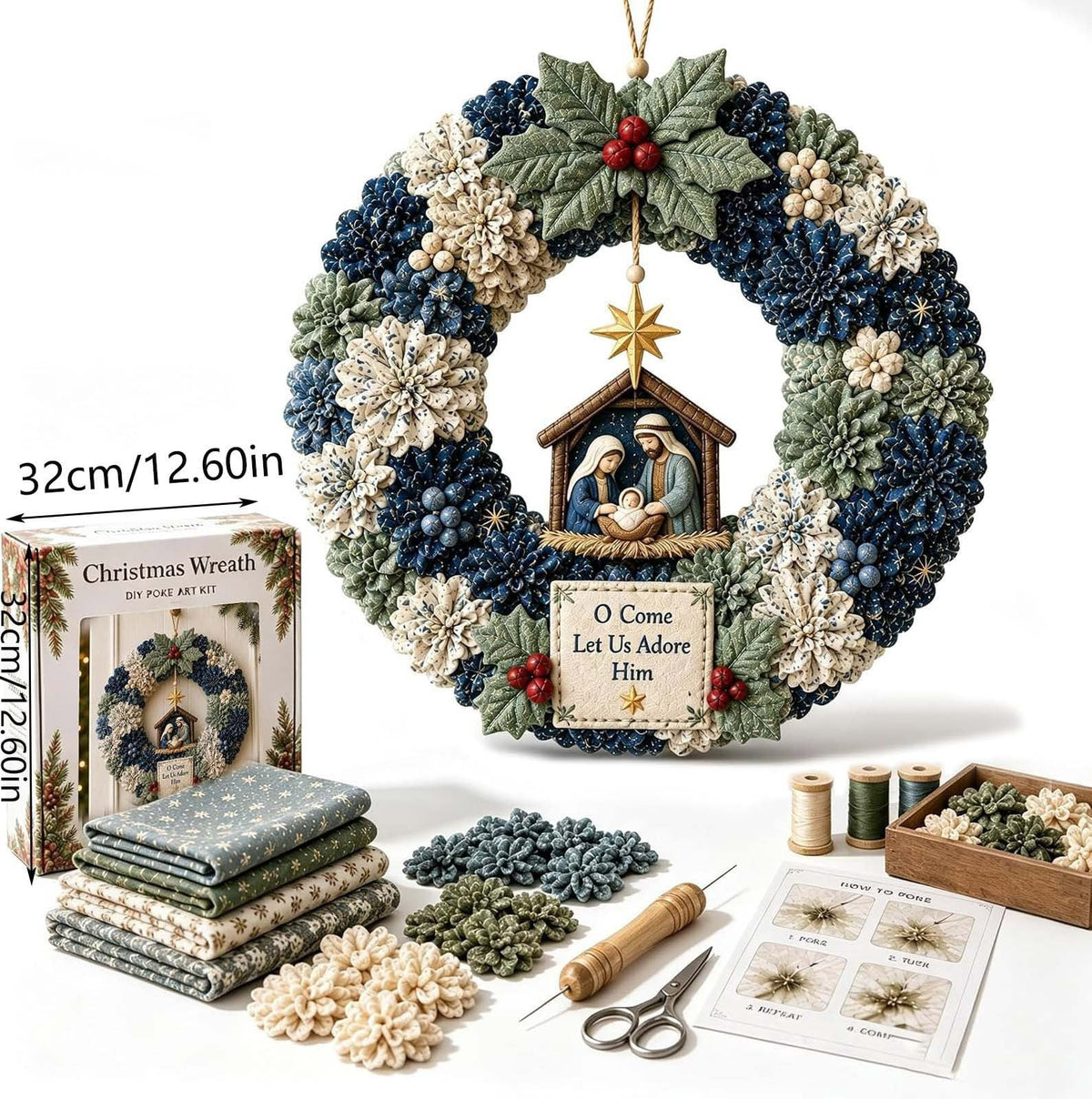Clearance 3D Christmas Wreath Fabric Poke Art Kit, Jesus Poke Art Kits for Adults, Christmas Wreaths Ornament Making Kit for Front Door