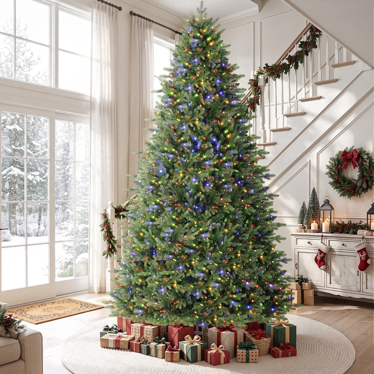 Lolsea 5.5ft Prelit Noble Fir Artificial Christmas Tree with Remote Control, Timer and Warm White & Multi-Color Lights