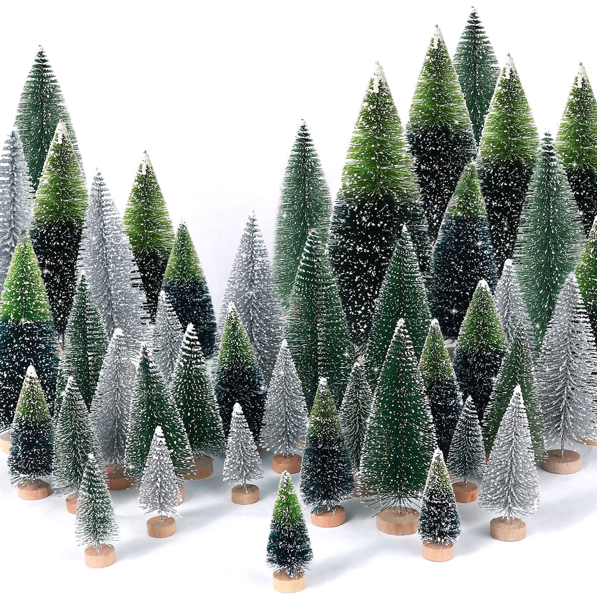 Ayieyill 30PCS Artificial Mini Christmas Trees, Upgrade Sisal Pine Trees with Wood Base Bottle Brush Trees for Christmas Table Top Decor(Green, Gold and Ivory)