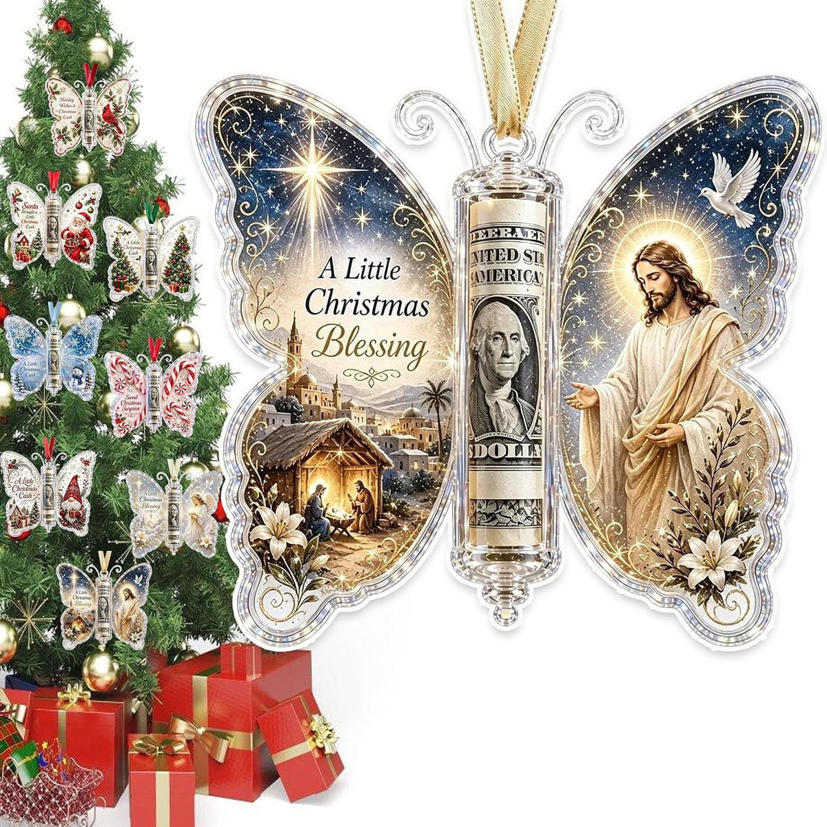 Christmas Cash Gift Butterfly Ornament, Holiday Money Holder Keepsake,Butterfly Christmas Money Gift Ornament, Acrylic Money Holder Christmas Tree Hanging, Rolled Bill Cash Gift Holder, for Xmas