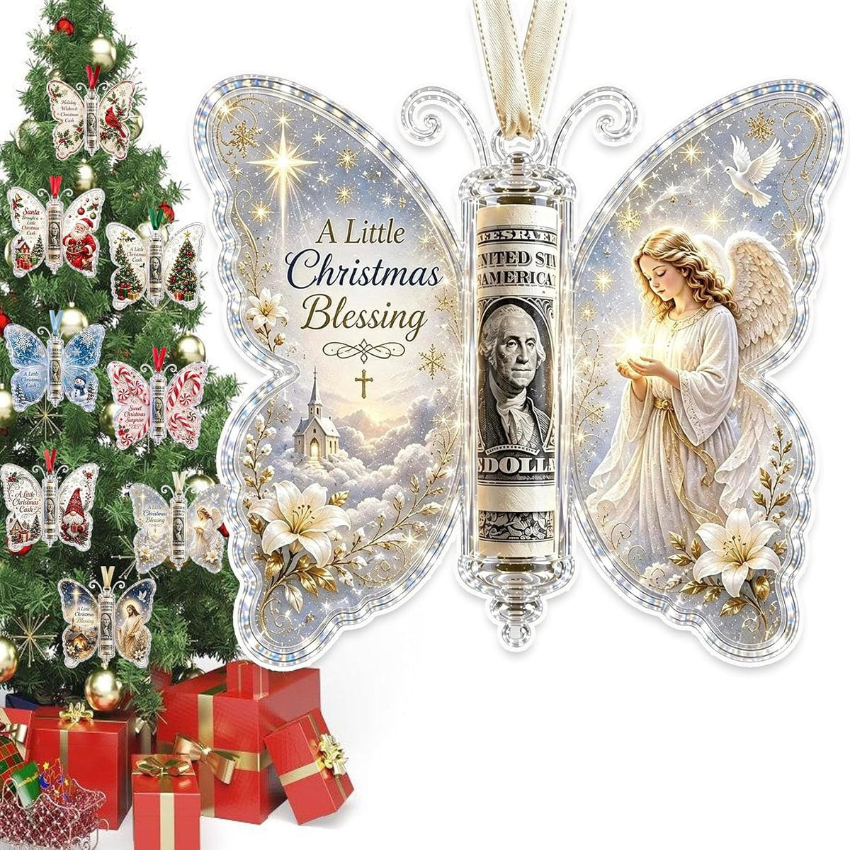 Christmas Cash Gift Butterfly Ornament, Holiday Money Holder Keepsake,Butterfly Christmas Money Gift Ornament, Acrylic Money Holder Christmas Tree Hanging, Rolled Bill Cash Gift Holder, for Xmas