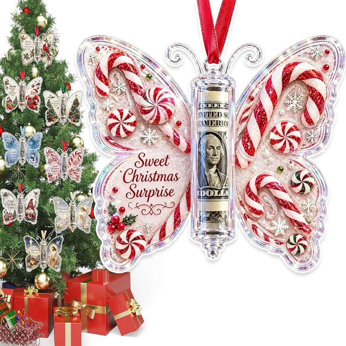 Christmas Cash Gift Butterfly Ornament, Holiday Money Holder Keepsake,Butterfly Christmas Money Gift Ornament, Acrylic Money Holder Christmas Tree Hanging, Rolled Bill Cash Gift Holder, for Xmas