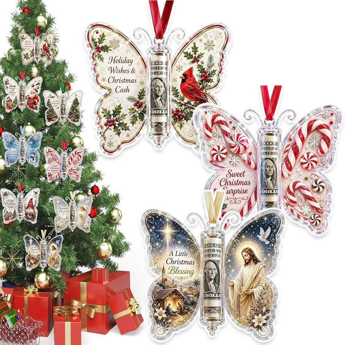 Christmas Cash Gift Butterfly Ornament, Holiday Money Holder Keepsake,Butterfly Christmas Money Gift Ornament, Acrylic Money Holder Christmas Tree Hanging, Rolled Bill Cash Gift Holder, for Xmas