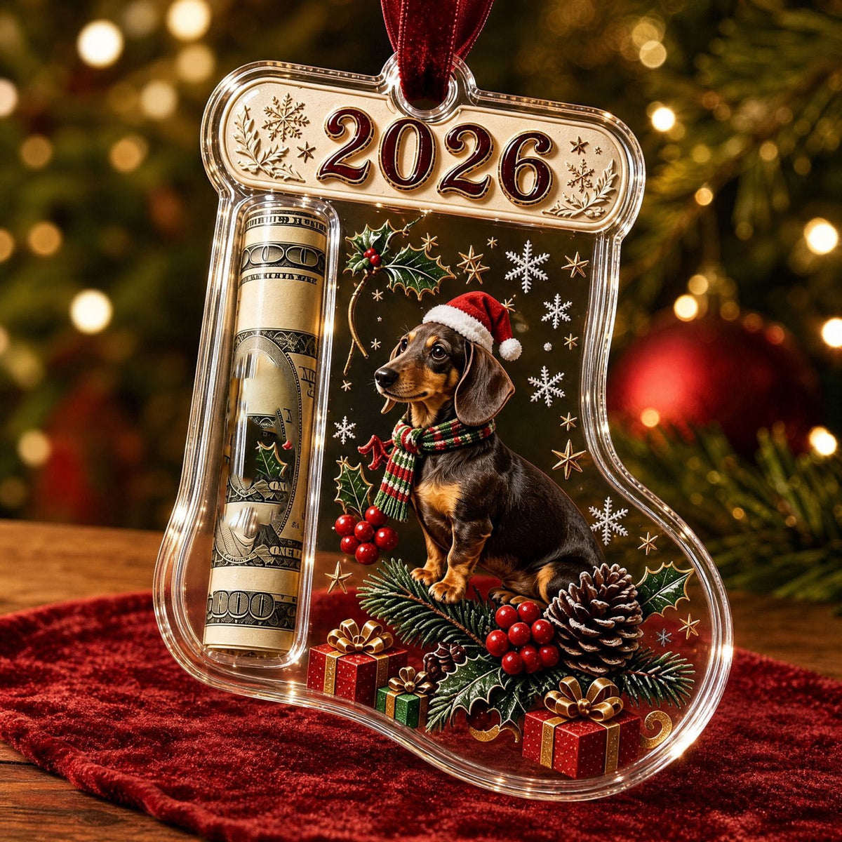 Christmas Cash Gift Stocking Shaped Ornament, Crystal-Clear Cash Holder Ornament with Xmas Stocking Design, Hanging Money Keepsake for Christmas Tree Wreath Garland, Surprise for Family Friends (F)