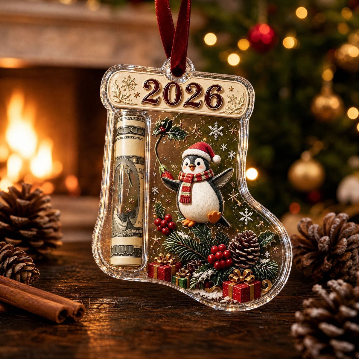 Christmas Cash Gift Stocking Shaped Ornament, Crystal-Clear Cash Holder Ornament with Xmas Stocking Design, Hanging Money Keepsake for Christmas Tree Wreath Garland, Surprise for Family Friends (F)