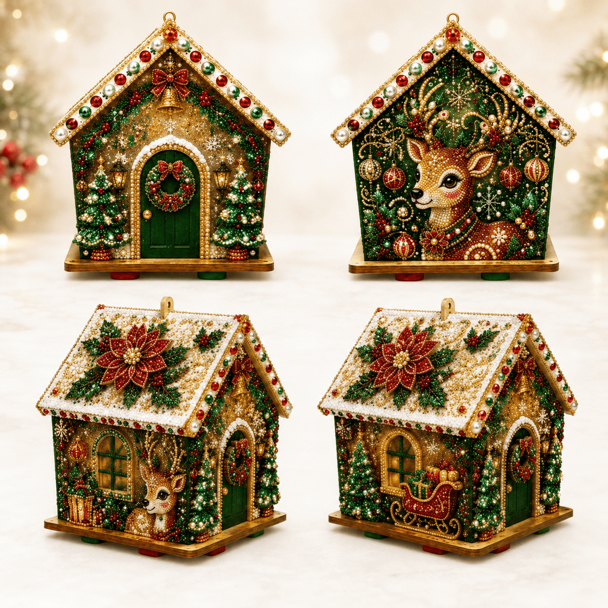 Christmas Pearl Bead Art Kit 3D House Ornament Craft Set For Christmas Tree Tabletop Mantel Shelf And Indoor Winter Holiday Decoration White