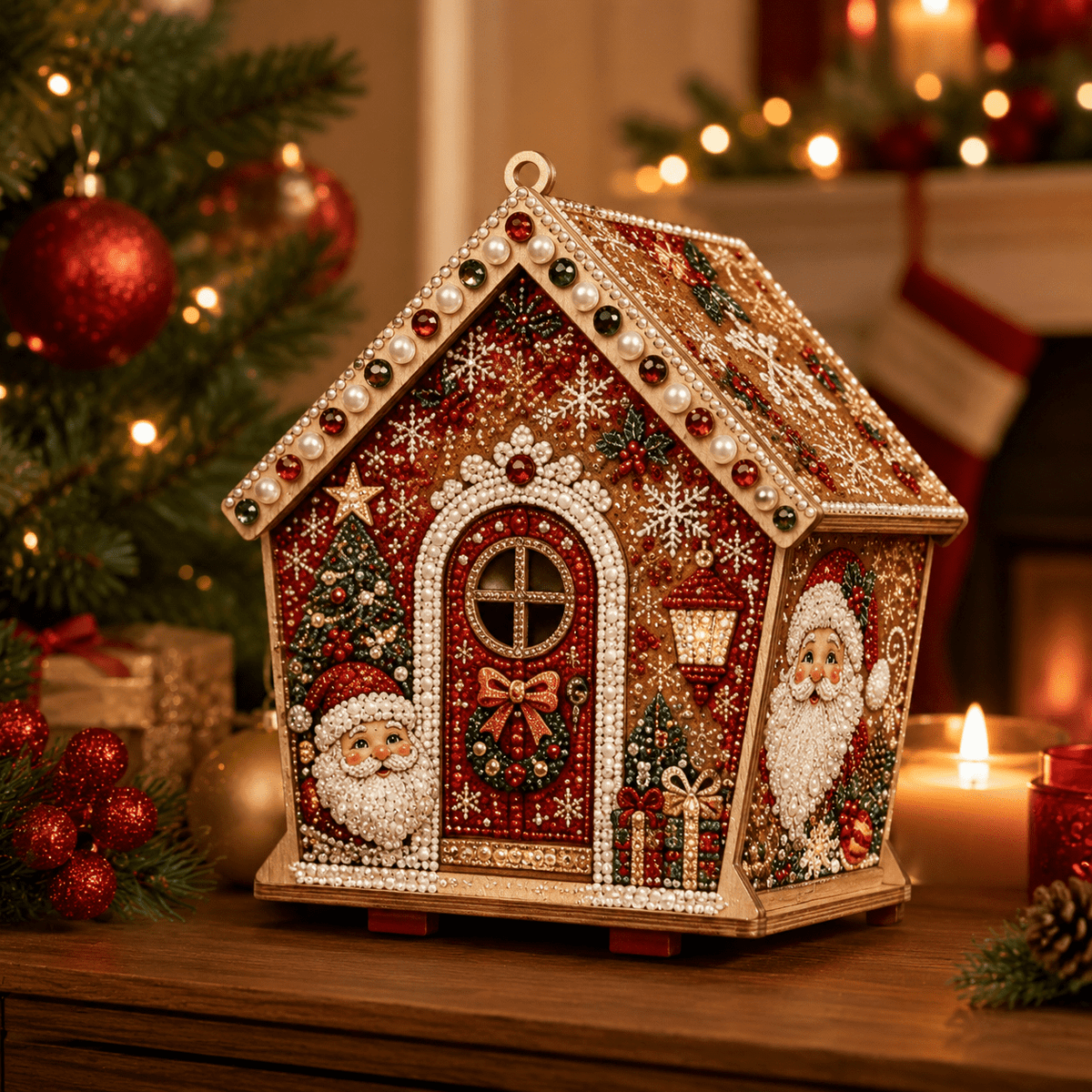 Christmas Pearl Bead Art Kit 3D House Ornament Craft Set For Christmas Tree Tabletop Mantel Shelf And Indoor Winter Holiday Decoration White