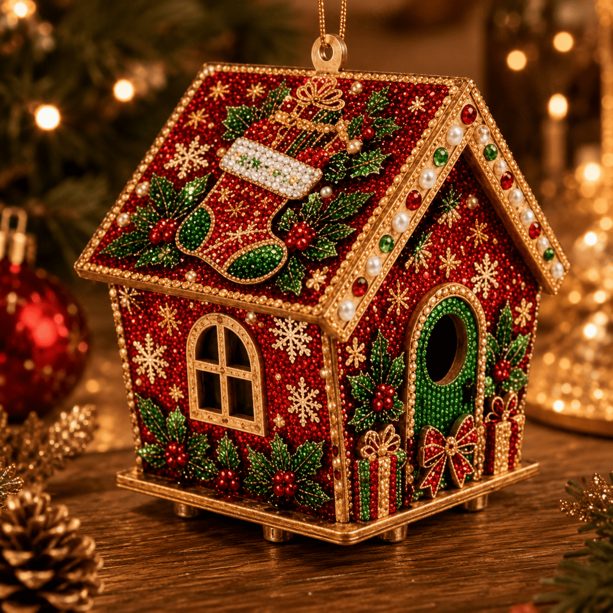 Christmas Pearl Bead Art Kit 3D House Ornament Craft Set For Christmas Tree Tabletop Mantel Shelf And Indoor Winter Holiday Decoration White