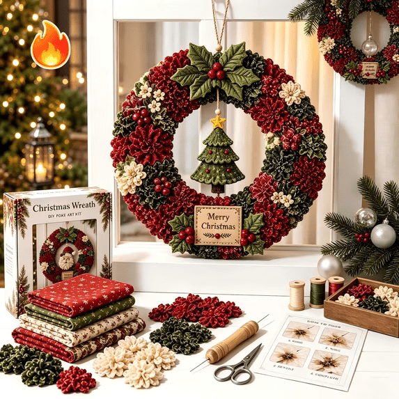 Clearance 3D Christmas Wreath Fabric Poke Art Kit, Jesus Poke Art Kits for Adults, Christmas Wreaths Ornament Making Kit for Front Door