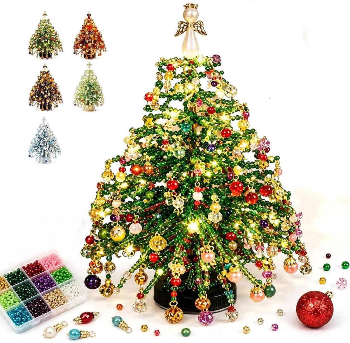 Clearance DIY Beaded Christmas Tree Kit, Crystal Holiday Craft Set for Adults, Colorful Beads, Ornament Charms, Metal Frame, Warm Glow Display, Tabletop Decor, Christmas Gift (Classic)