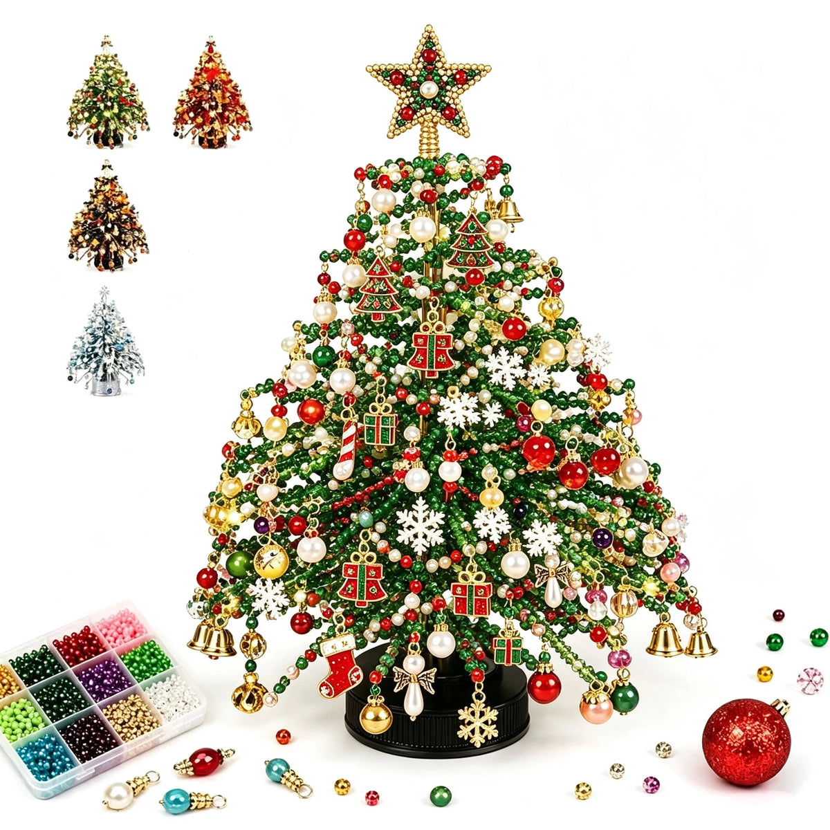 Clearance DIY Beaded Christmas Tree Kit, Crystal Holiday Craft Set for Adults, Colorful Beads, Ornament Charms, Metal Frame, Warm Glow Display, Tabletop Decor, Christmas Gift (Classic)