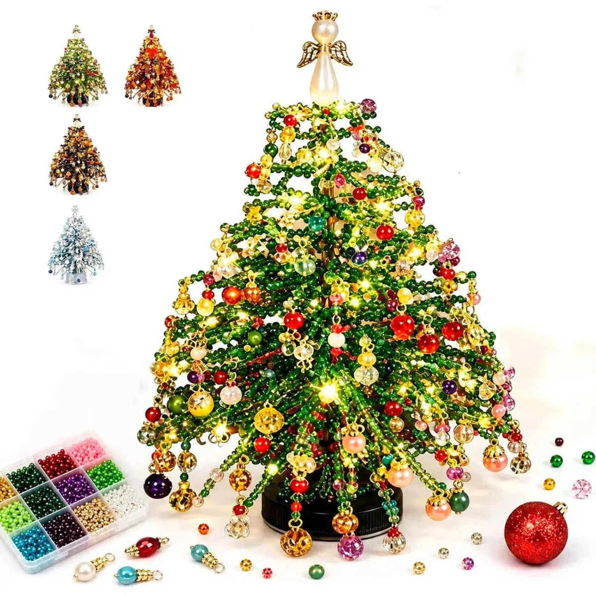 Clearance DIY Beaded Christmas Tree Kit, Crystal Holiday Craft Set for Adults, Colorful Beads, Ornament Charms, Metal Frame, Warm Glow Display, Tabletop Decor, Christmas Gift (Classic)