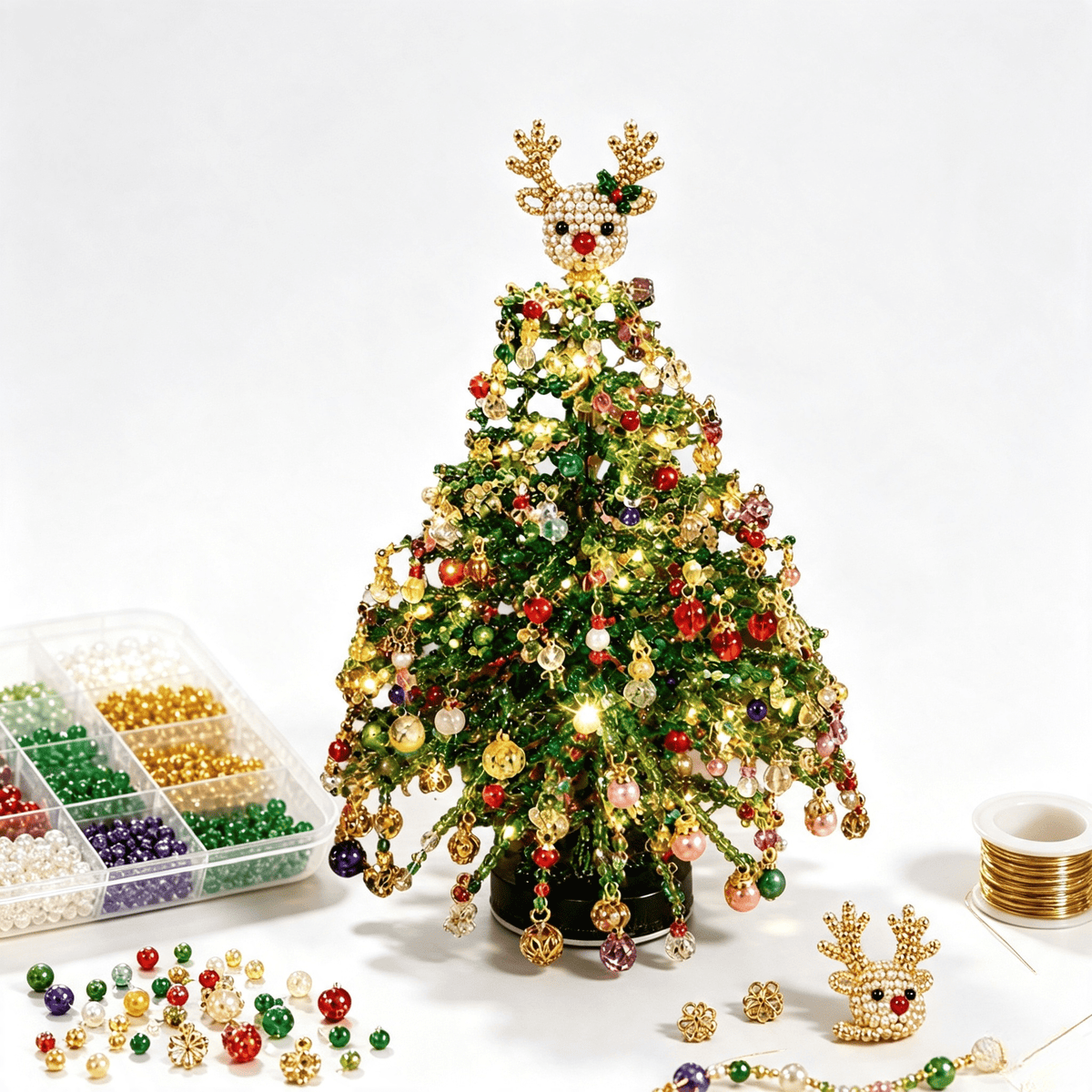 Clearance DIY Beaded Christmas Tree Kit, Crystal Holiday Craft Set for Adults, Colorful Beads, Ornament Charms, Metal Frame, Warm Glow Display, Tabletop Decor, Christmas Gift (Classic)