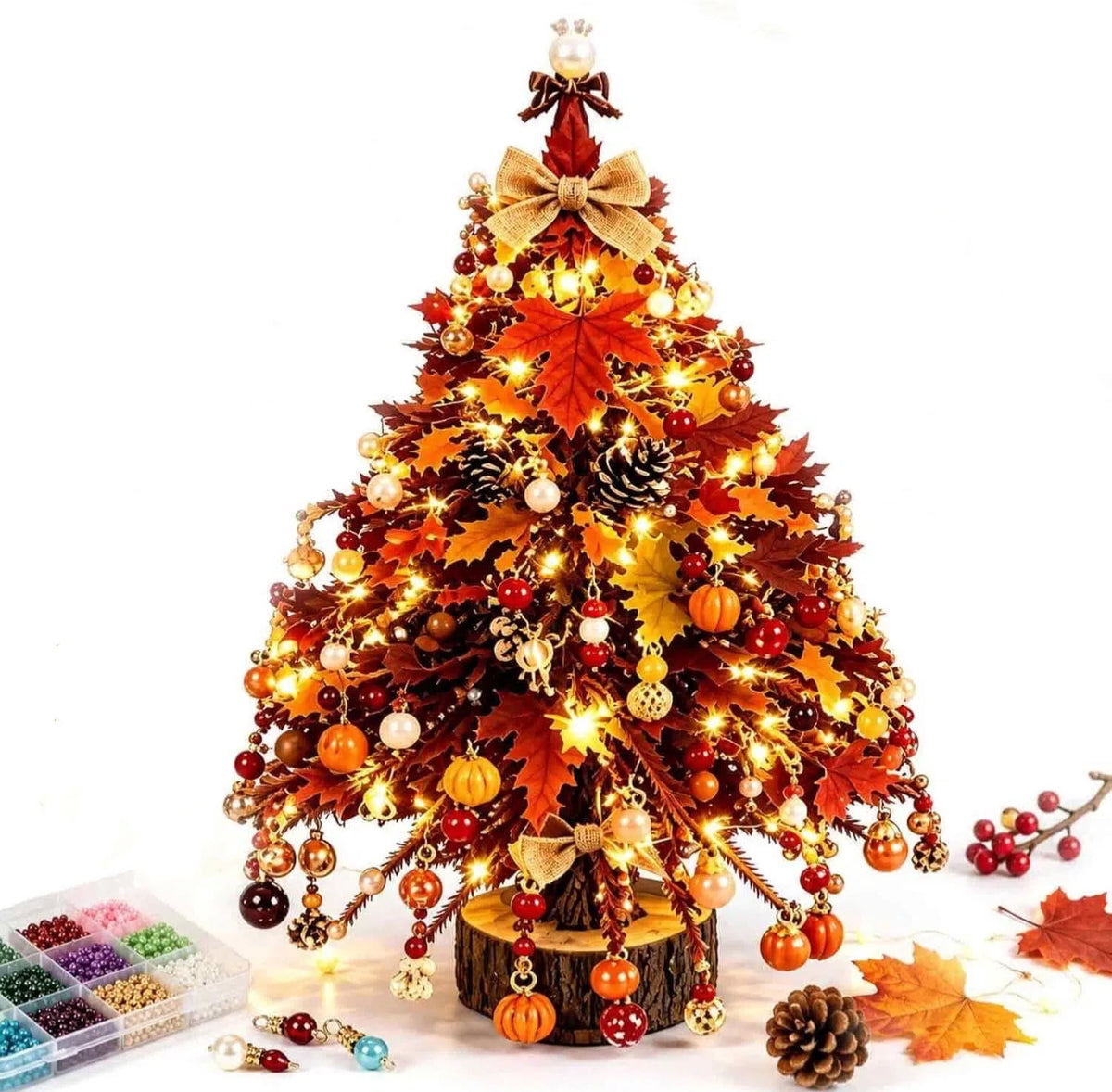 Clearance DIY Beaded Christmas Tree Kit, Crystal Holiday Craft Set for Adults, Colorful Beads, Ornament Charms, Metal Frame, Warm Glow Display, Tabletop Decor, Christmas Gift (Classic)
