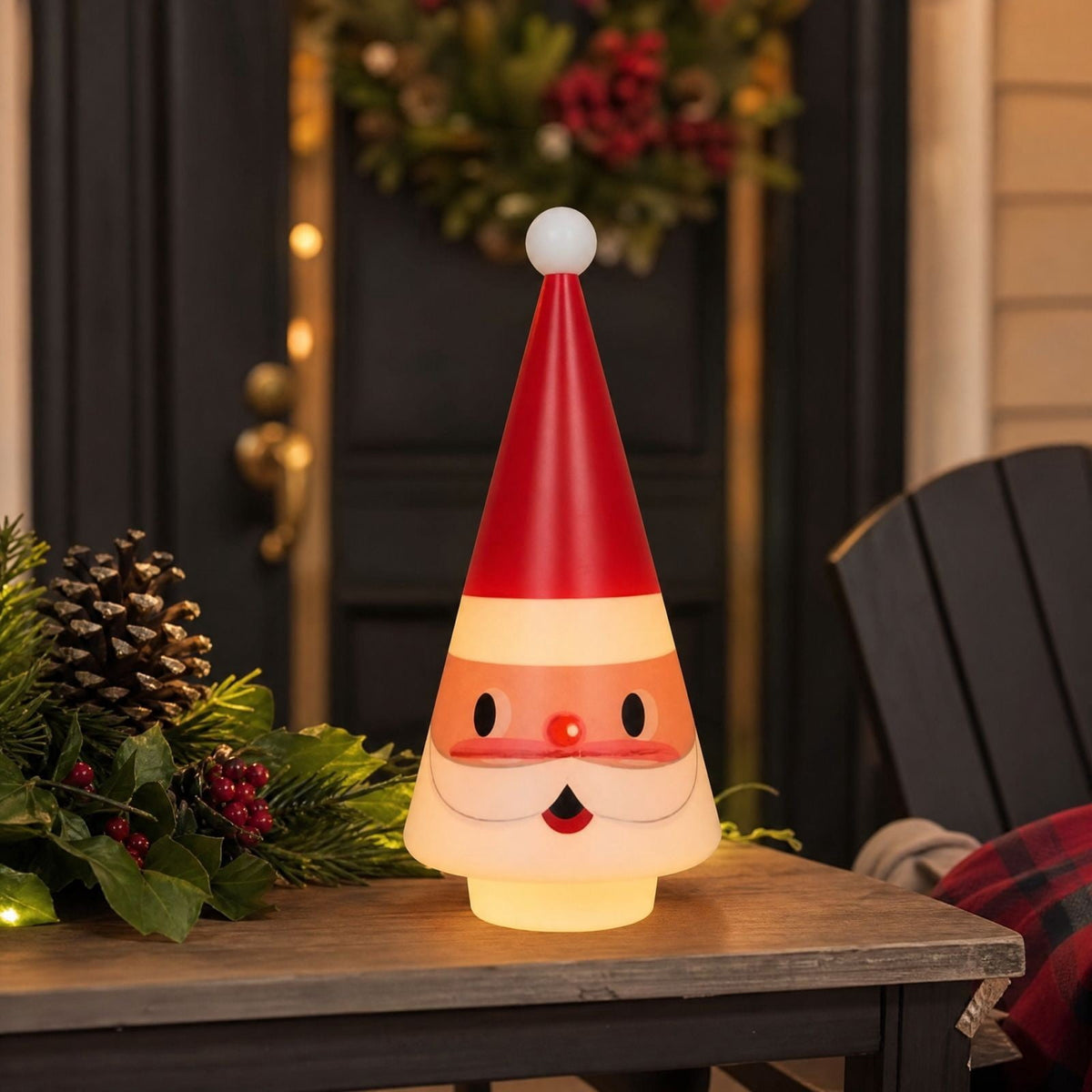 Feledorashia Lighted Santa Figurine, Christmas Tabletop Decoration, 7.87 Inch Cone-Shaped Santa Character Lamp for Mantels Shelves and Entryway Tables, Molded Resin with Internal Light