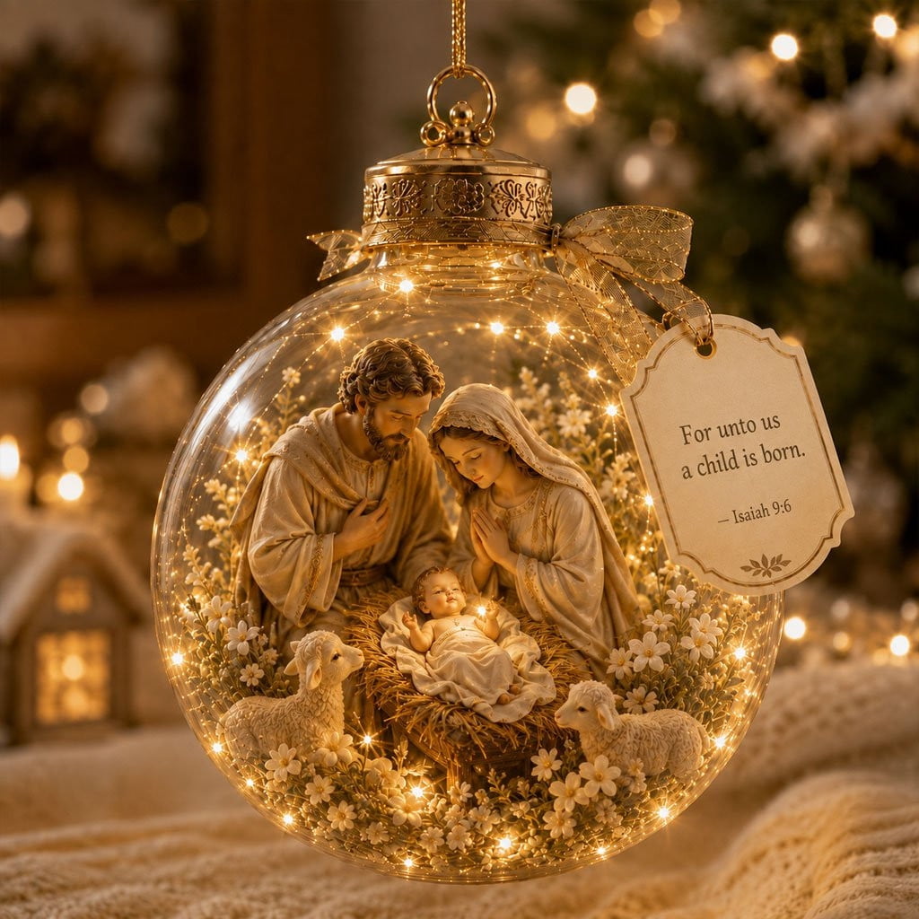 Glowing Christmas Story Ornament, Light-Up Mini Holiday Scene, Festive Keepsake for Christmas Tree, Mantel & Christmas Party Decor (Nativity)