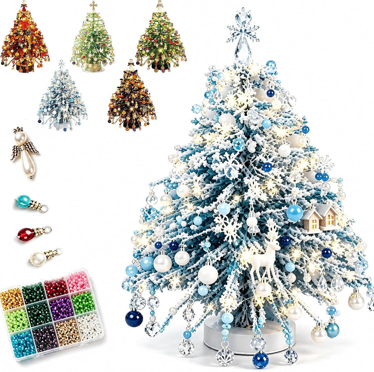 HaCpiu DIY Christmas Tree Mini Beaded Kits Set, 3D Wire Tabletop Seasonal Tree Beaded Kits Decor for Desk Mantel Shelf, Creative Christmas Holiday Craft Kit for Adults