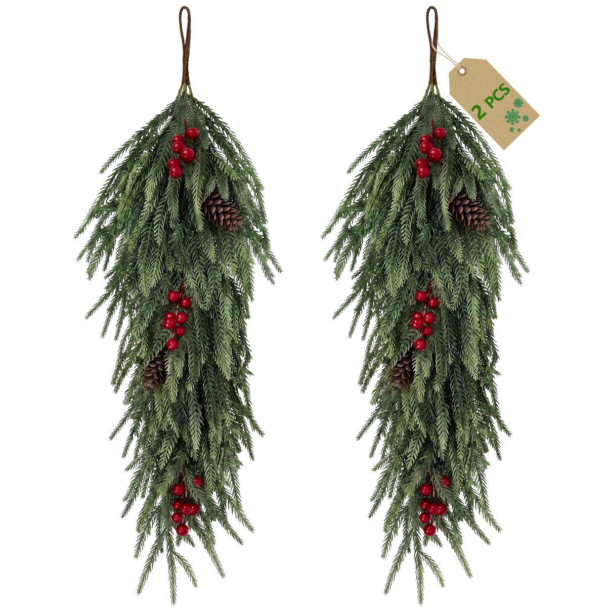 Leyaron Christmas Swags Decorations, 2 Pcs 30" Christmas Artificial Norfolk Pine Greenery Teardrop Wreath for Indoor Outdoor Table Mantle Fireplace Xmas Decor