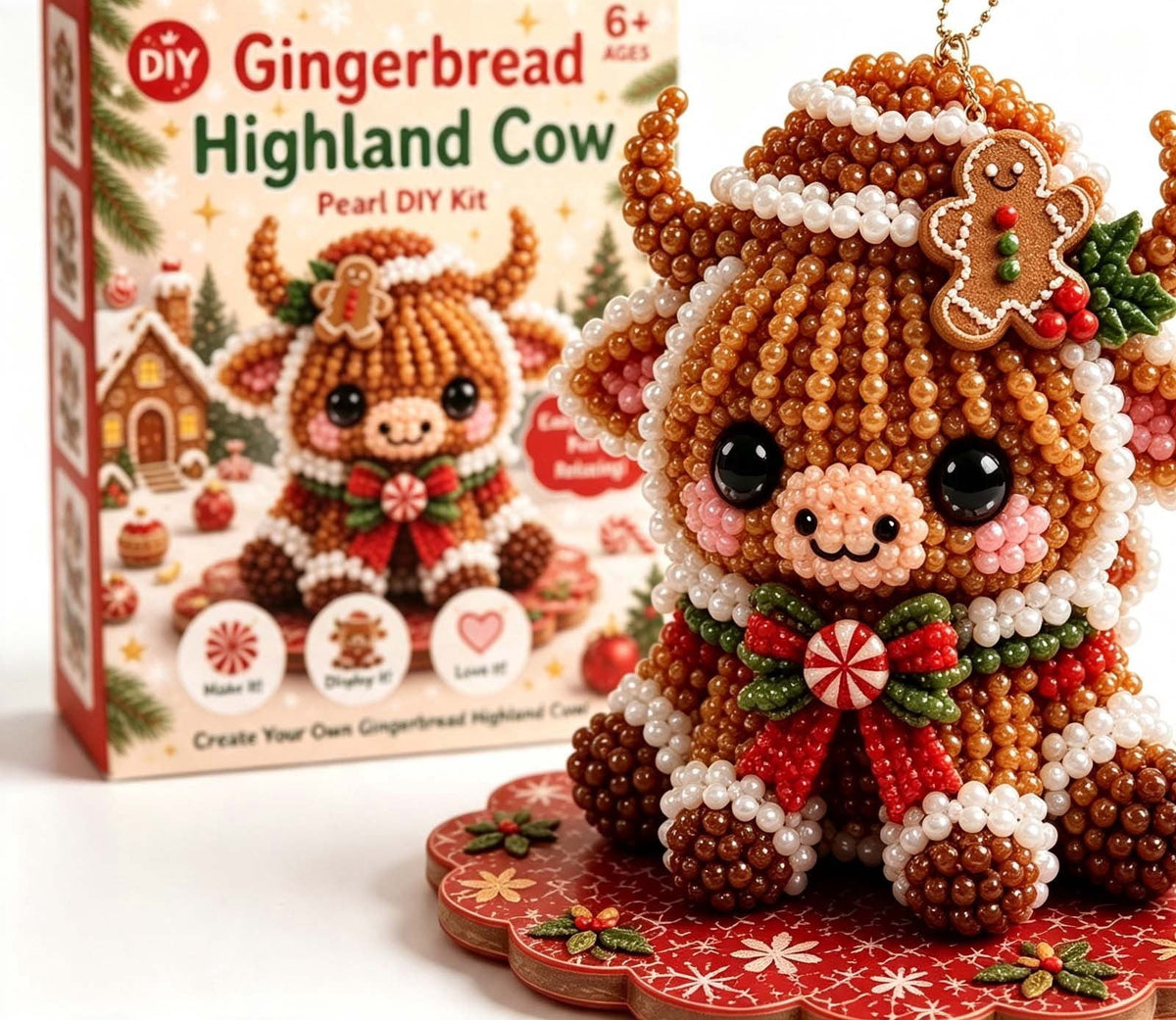 MYUNNIL Christmas Highland Cow 3D Pearl Bead Kit, Small Cute Beginner Friendly Complete Animal Themed Handcraft Set, Fun Whimsical Decorative Ornament for Home Decor & Holiday Gift, ( Xmas Tree )