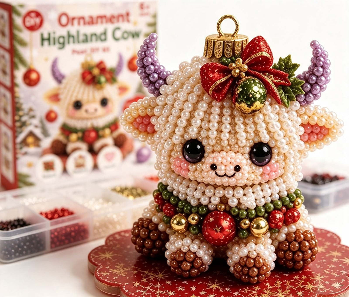 MYUNNIL Christmas Highland Cow 3D Pearl Bead Kit, Small Cute Beginner Friendly Complete Animal Themed Handcraft Set, Fun Whimsical Decorative Ornament for Home Decor & Holiday Gift, ( Xmas Tree )