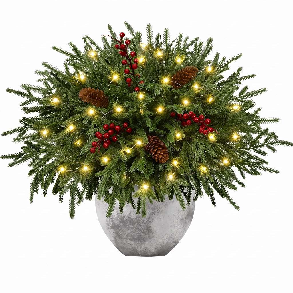 Waipfaru Artificial Christmas Norfolk Pine Branches with Lights,16 Pcs Fake Evergreen Real Touch Greenery Stem for Xmas Holiday Winter Table Indoor Decor