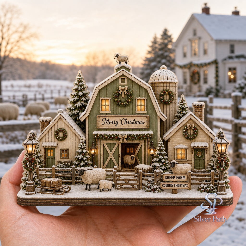 Wooden Block Decor Sheep Farm Christmas Barn Wood Tabletop Display for Farmhouse Holiday Decor