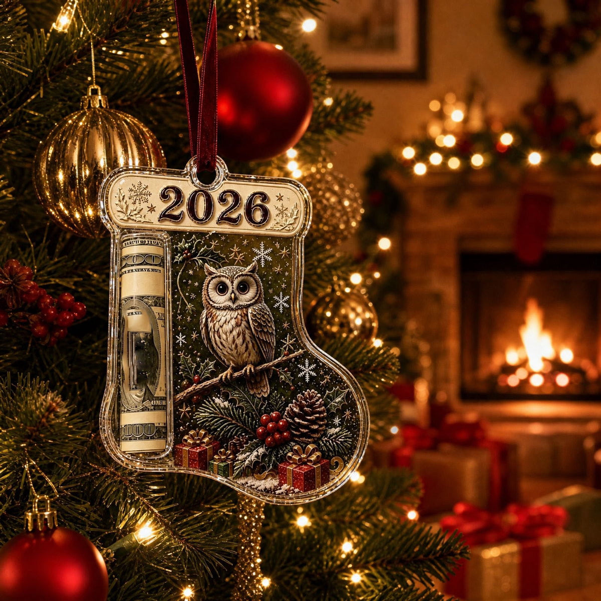 Christmas Cash Gift Stocking Shaped Ornament, Crystal-Clear Cash Holder Ornament with Xmas Stocking Design, Hanging Money Keepsake for Christmas Tree Wreath Garland, Surprise for Family Friends (F)