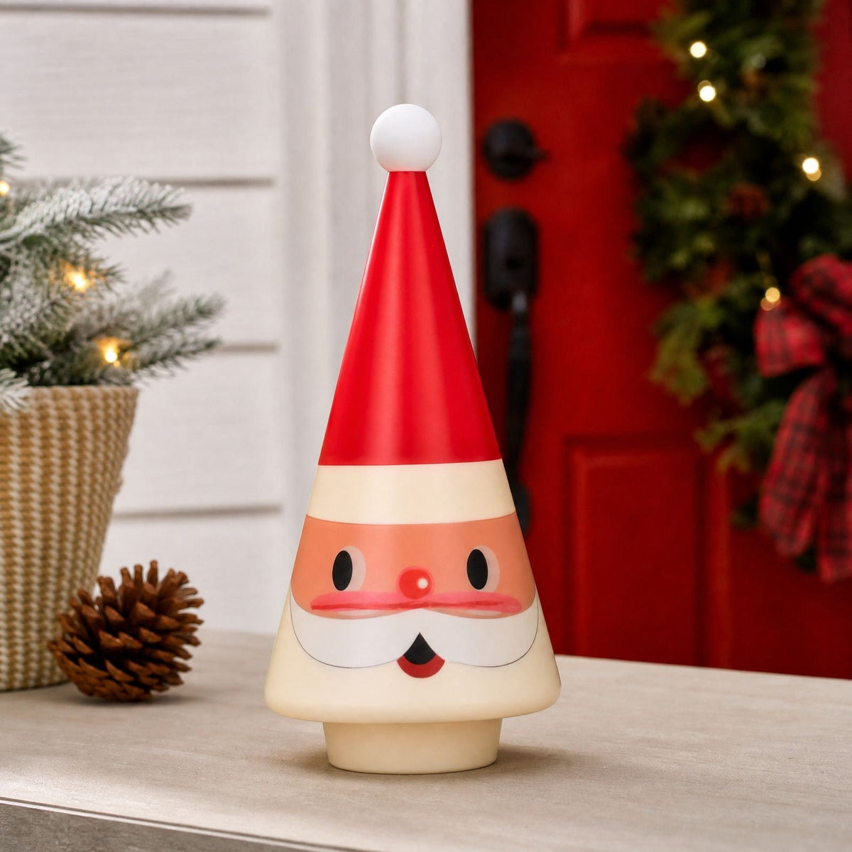 Feledorashia Lighted Santa Figurine, Christmas Tabletop Decoration, 7.87 Inch Cone-Shaped Santa Character Lamp for Mantels Shelves and Entryway Tables, Molded Resin with Internal Light