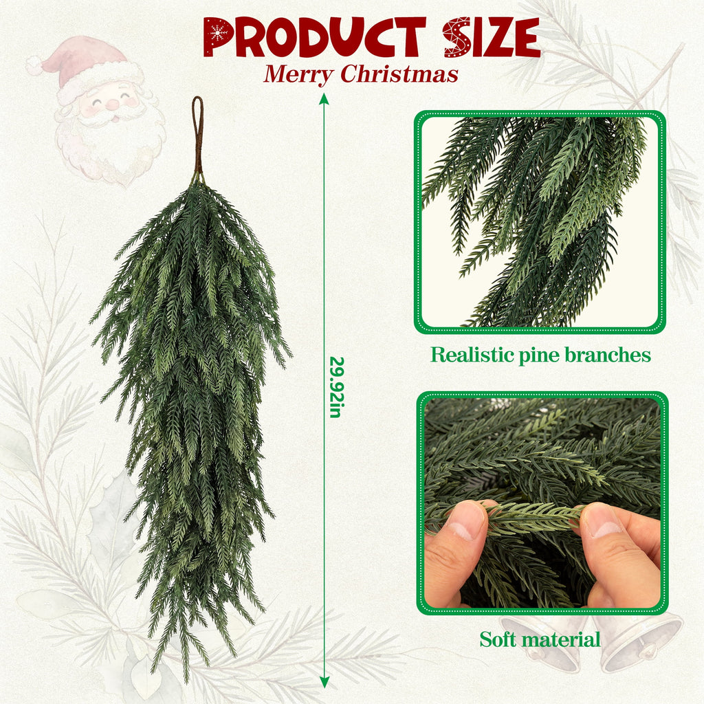 Leyaron Christmas Swags Decorations, 2 Pcs 30" Christmas Artificial Norfolk Pine Greenery Teardrop Wreath for Indoor Outdoor Table Mantle Fireplace Xmas Decor