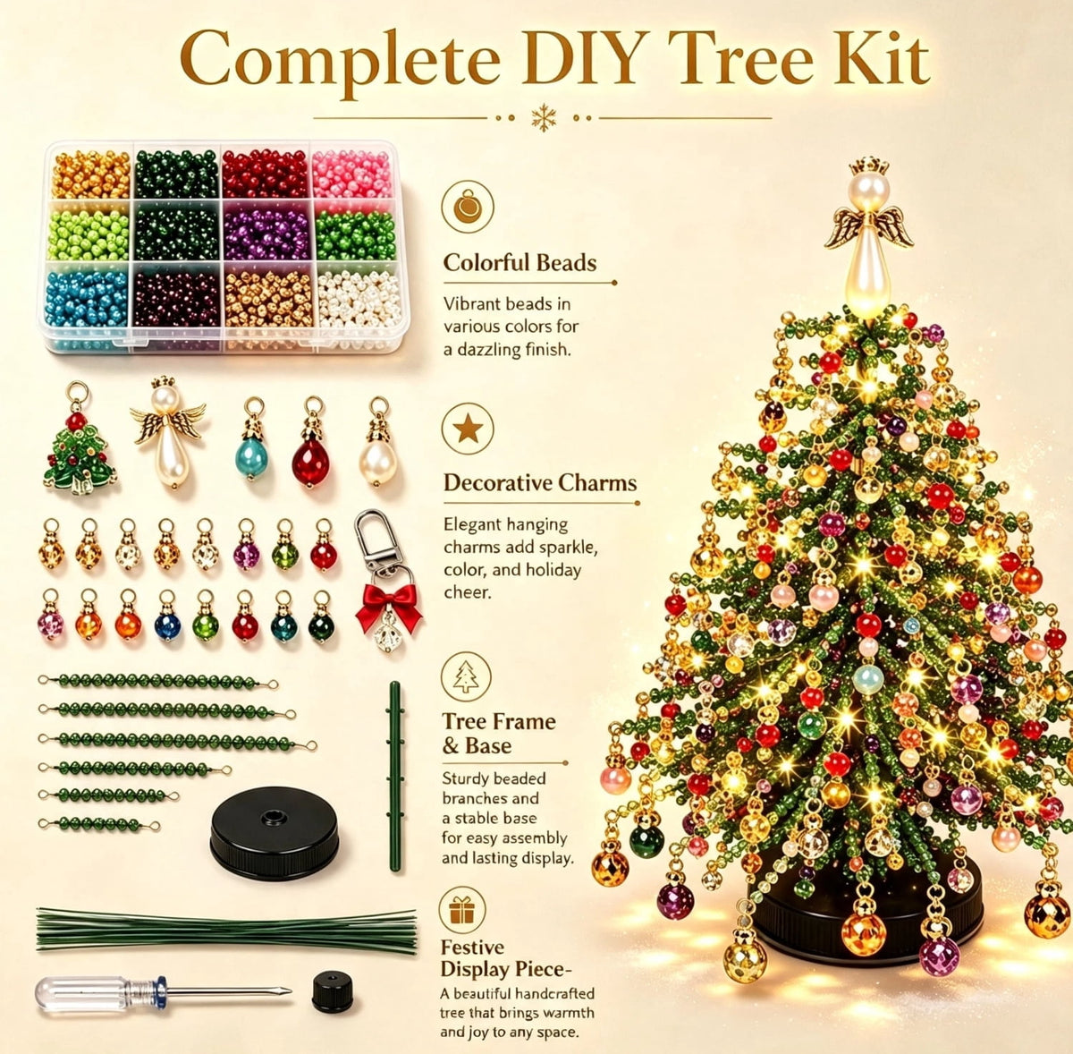 DIY Beaded Christmas Tree Kit, Crystal Bead Holiday Craft Set for Adults, Christmas Ornament Charms, Metal Frame Tabletop Decor, Holiday Gift