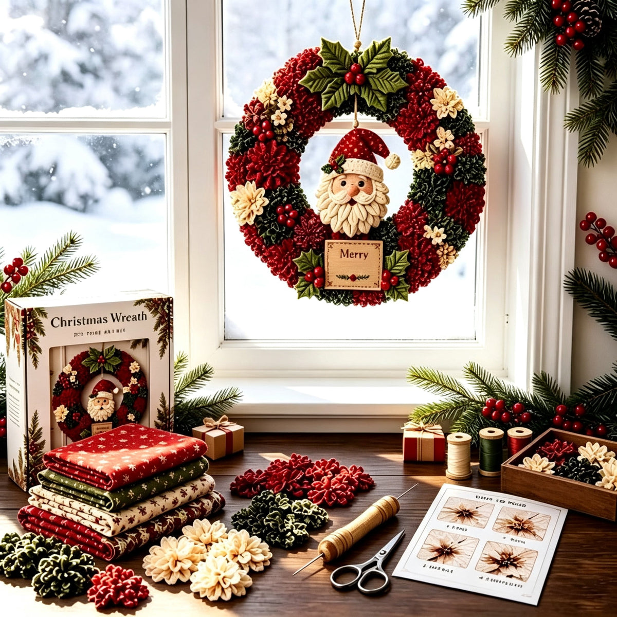 Clearance 3D Christmas Wreath Fabric Poke Art Kit, Jesus Poke Art Kits for Adults, Christmas Wreaths Ornament Making Kit for Front Door