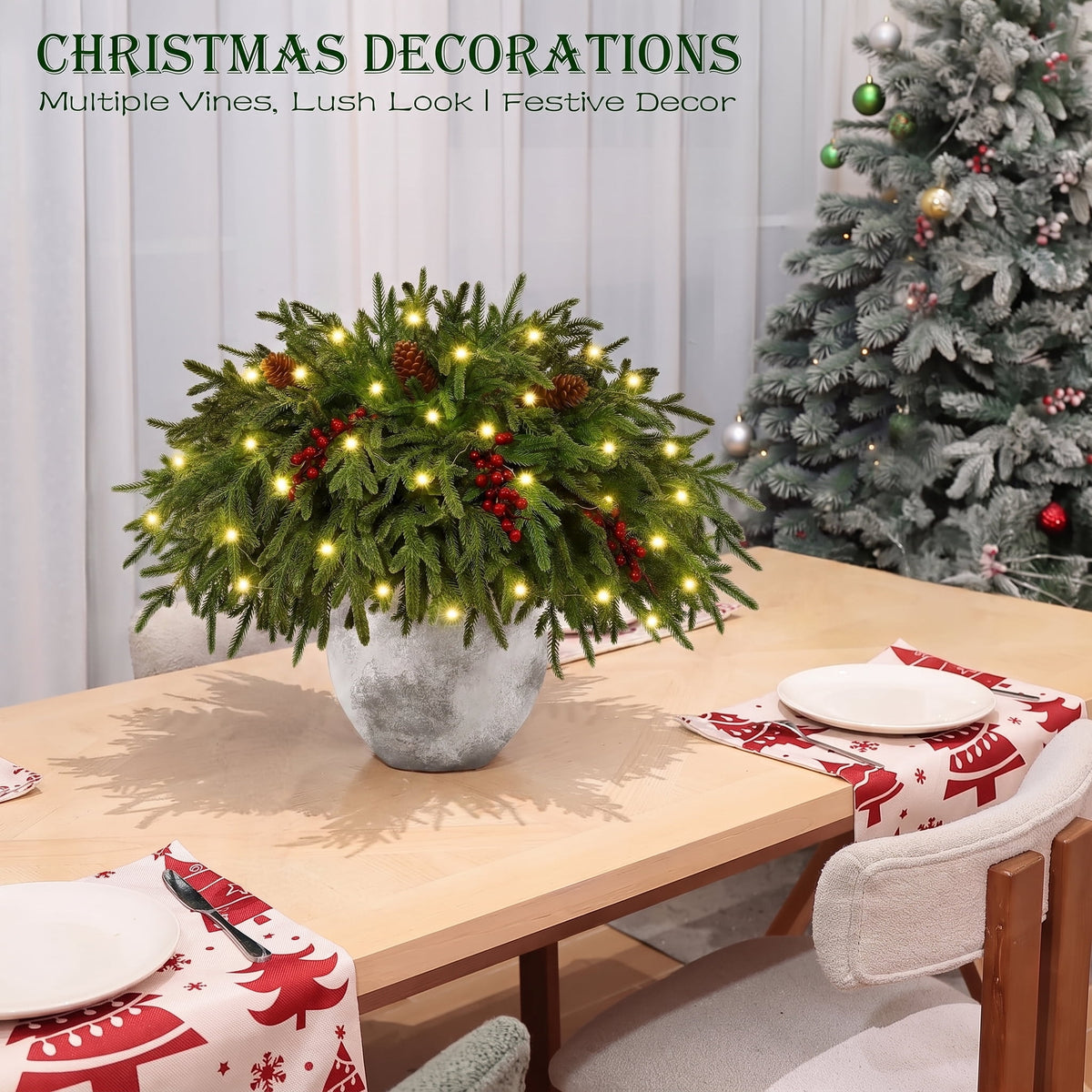 Waipfaru Artificial Christmas Norfolk Pine Branches with Lights,16 Pcs Fake Evergreen Real Touch Greenery Stem for Xmas Holiday Winter Table Indoor Decor
