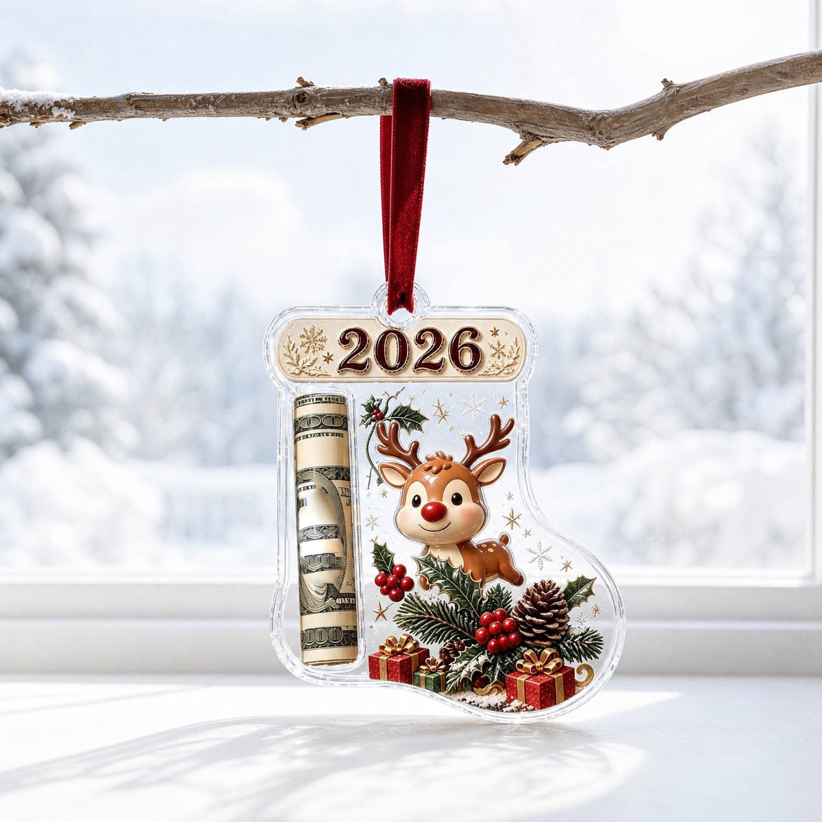 Christmas Cash Gift Stocking Shaped Ornament, Crystal-Clear Cash Holder Ornament with Xmas Stocking Design, Hanging Money Keepsake for Christmas Tree Wreath Garland, Surprise for Family Friends (F)