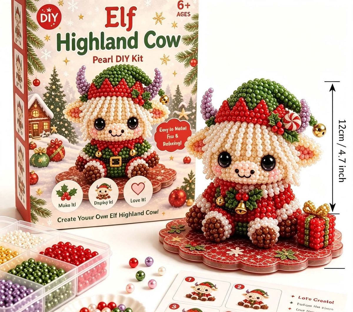 MYUNNIL Christmas Highland Cow 3D Pearl Bead Kit, Small Cute Beginner Friendly Complete Animal Themed Handcraft Set, Fun Whimsical Decorative Ornament for Home Decor & Holiday Gift, ( Xmas Tree )