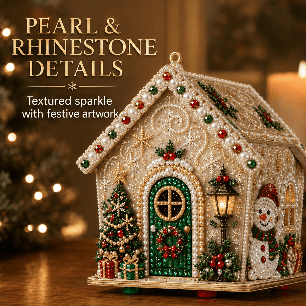 Christmas Pearl Bead Art Kit 3D House Ornament Craft Set For Christmas Tree Tabletop Mantel Shelf And Indoor Winter Holiday Decoration White