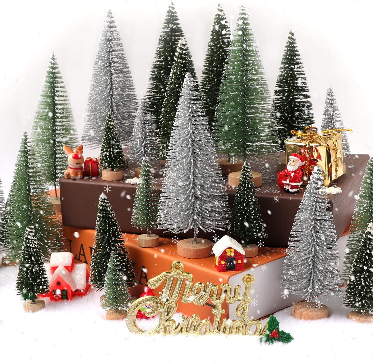 Ayieyill 30PCS Artificial Mini Christmas Trees, Upgrade Sisal Pine Trees with Wood Base Bottle Brush Trees for Christmas Table Top Decor(Green, Gold and Ivory)