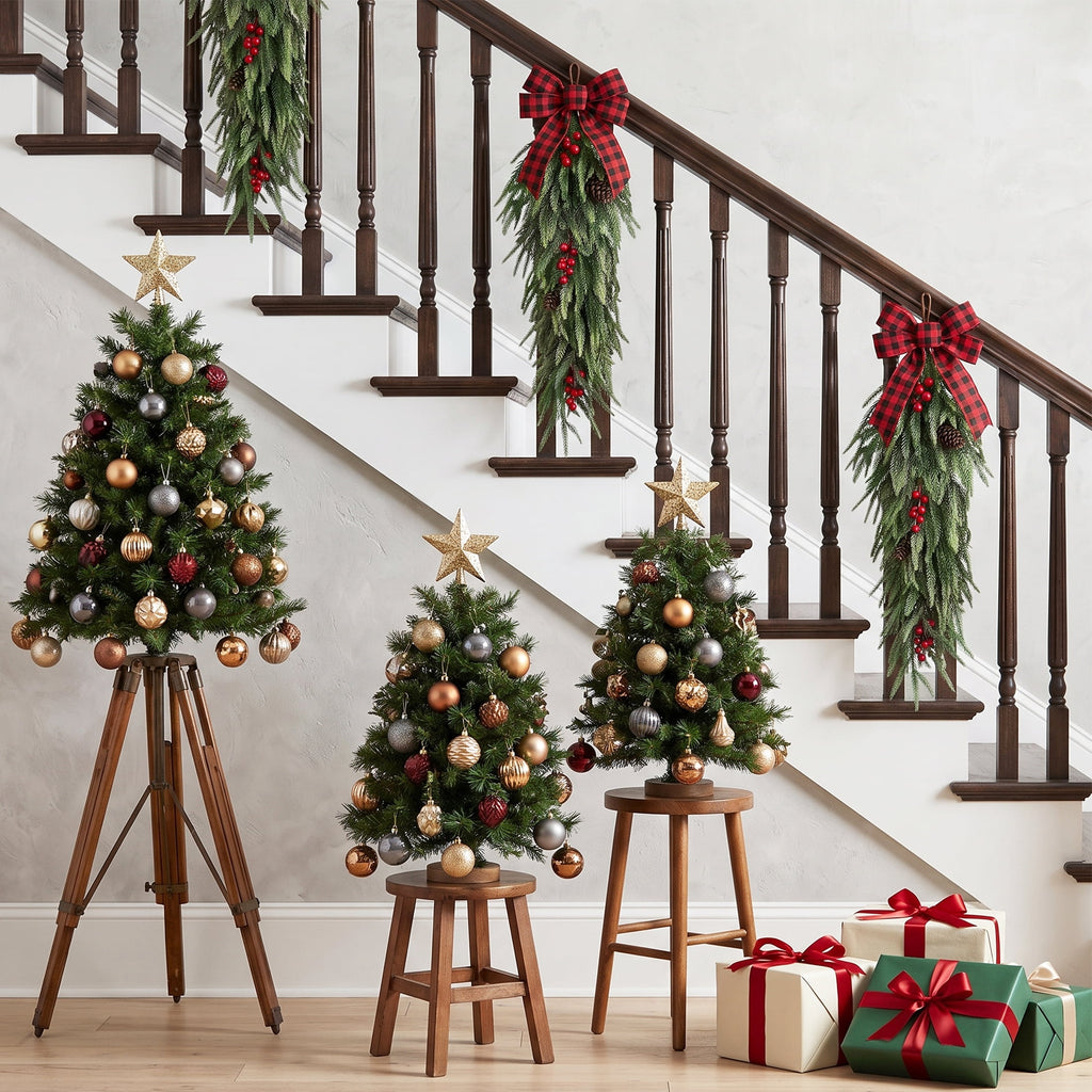 Leyaron Christmas Swags Decorations, 2 Pcs 30" Christmas Artificial Norfolk Pine Greenery Teardrop Wreath for Indoor Outdoor Table Mantle Fireplace Xmas Decor