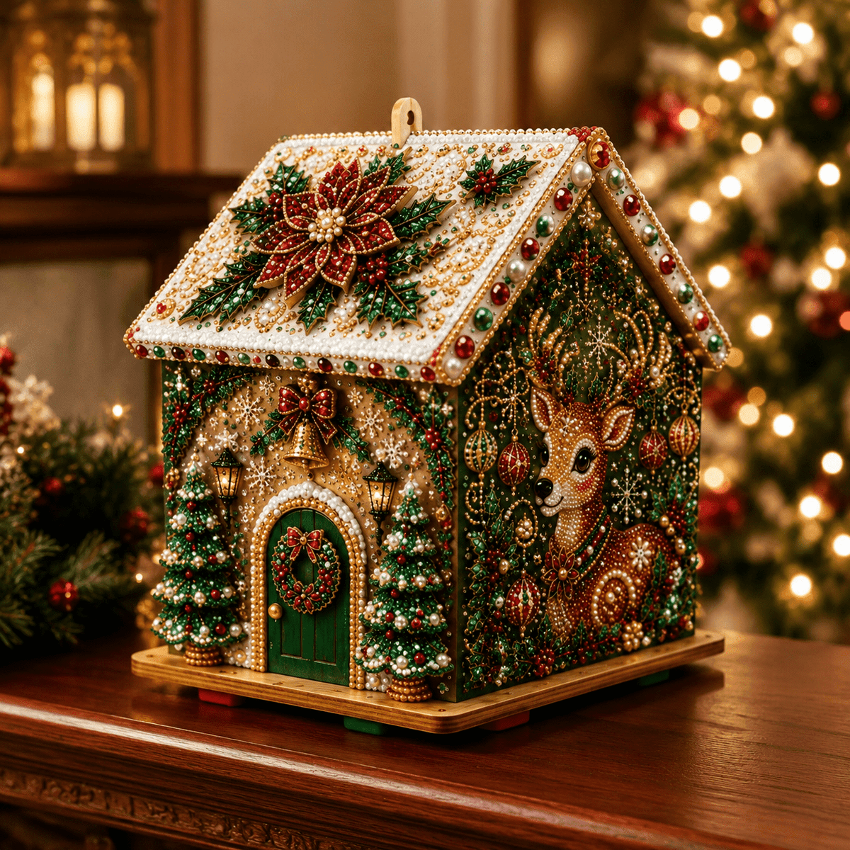 Christmas Pearl Bead Art Kit 3D House Ornament Craft Set For Christmas Tree Tabletop Mantel Shelf And Indoor Winter Holiday Decoration White
