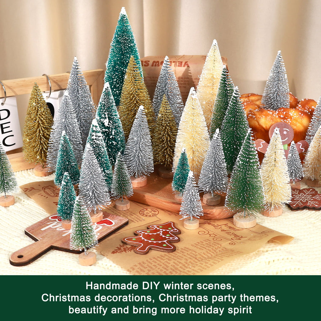 Ayieyill 30PCS Artificial Mini Christmas Trees, Upgrade Sisal Pine Trees with Wood Base Bottle Brush Trees for Christmas Table Top Decor(Green, Gold and Ivory)