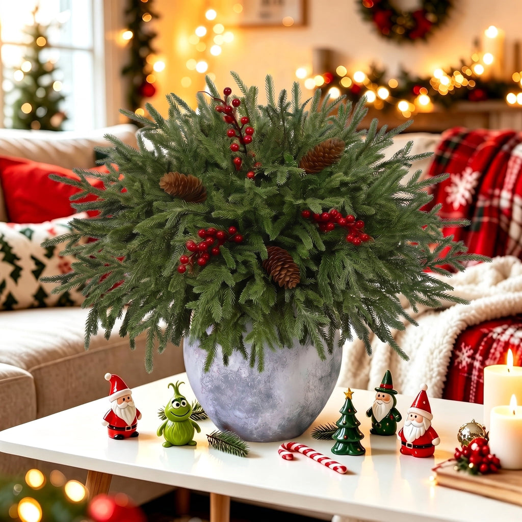 Waipfaru Artificial Christmas Norfolk Pine Branches with Lights,16 Pcs Fake Evergreen Real Touch Greenery Stem for Xmas Holiday Winter Table Indoor Decor
