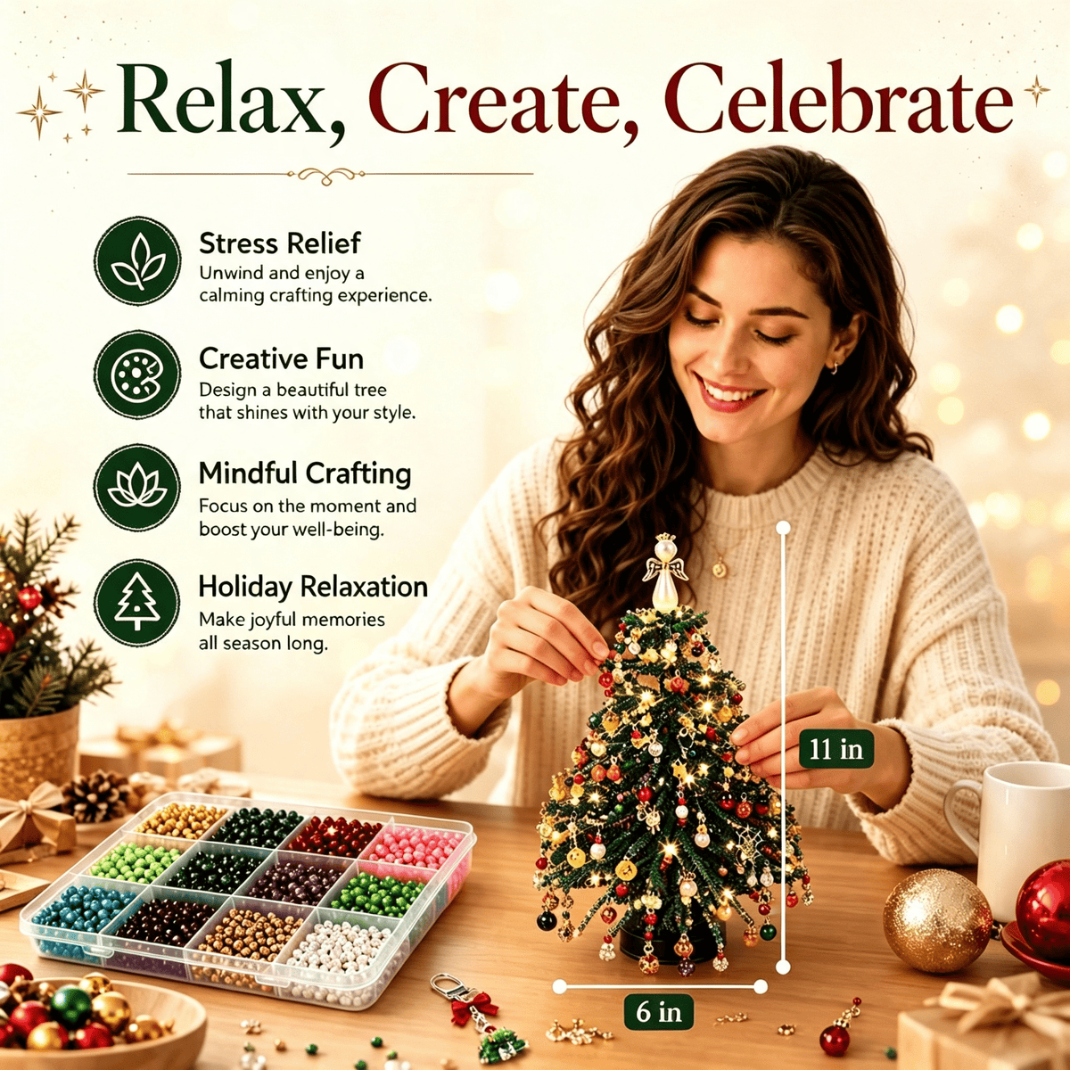Clearance DIY Beaded Christmas Tree Kit, Crystal Holiday Craft Set for Adults, Colorful Beads, Ornament Charms, Metal Frame, Warm Glow Display, Tabletop Decor, Christmas Gift (Classic)