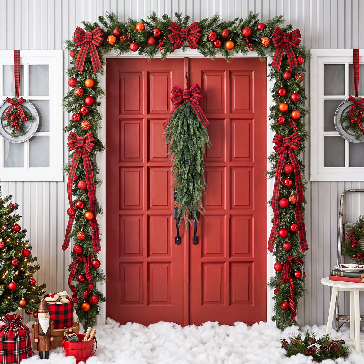 Leyaron Christmas Swags Decorations, 2 Pcs 30" Christmas Artificial Norfolk Pine Greenery Teardrop Wreath for Indoor Outdoor Table Mantle Fireplace Xmas Decor