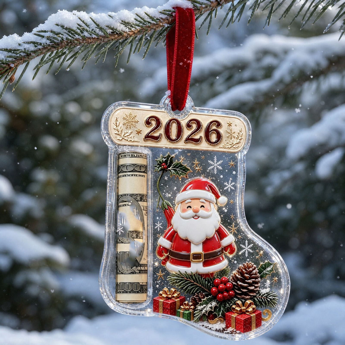 Christmas Cash Gift Stocking Shaped Ornament, Crystal-Clear Cash Holder Ornament with Xmas Stocking Design, Hanging Money Keepsake for Christmas Tree Wreath Garland, Surprise for Family Friends (F)
