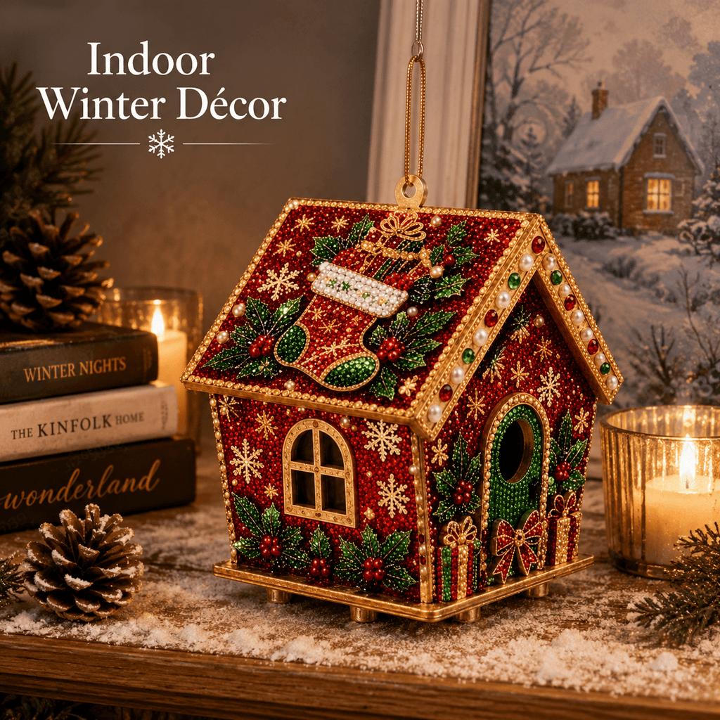 Christmas Pearl Bead Art Kit 3D House Ornament Craft Set For Christmas Tree Tabletop Mantel Shelf And Indoor Winter Holiday Decoration White
