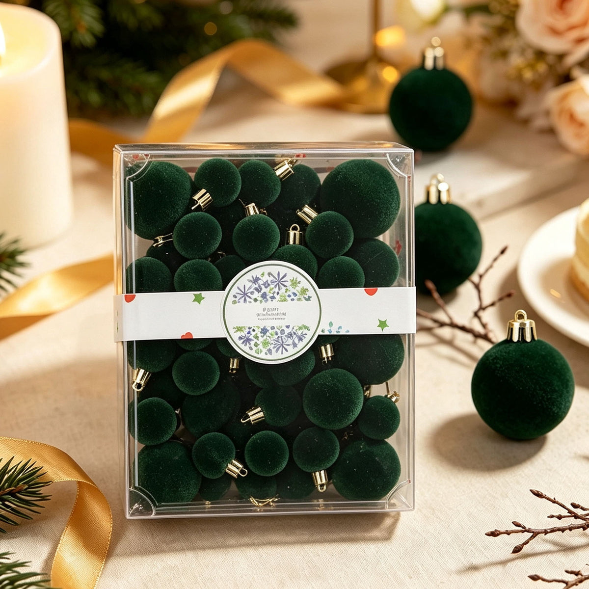 Christmas Ball Ornaments 42 Piece Flocked Gold Tan Velvet Assorted Box Set Tree Hanging Baubles