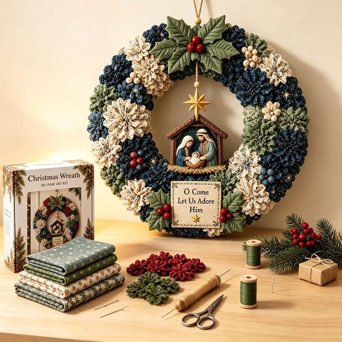 Clearance 3D Christmas Wreath Fabric Poke Art Kit, Jesus Poke Art Kits for Adults, Christmas Wreaths Ornament Making Kit for Front Door
