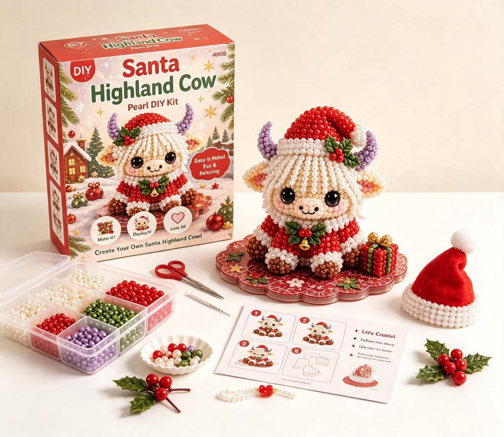 MYUNNIL Christmas Highland Cow 3D Pearl Bead Kit, Small Cute Beginner Friendly Complete Animal Themed Handcraft Set, Fun Whimsical Decorative Ornament for Home Decor & Holiday Gift, ( Xmas Tree )