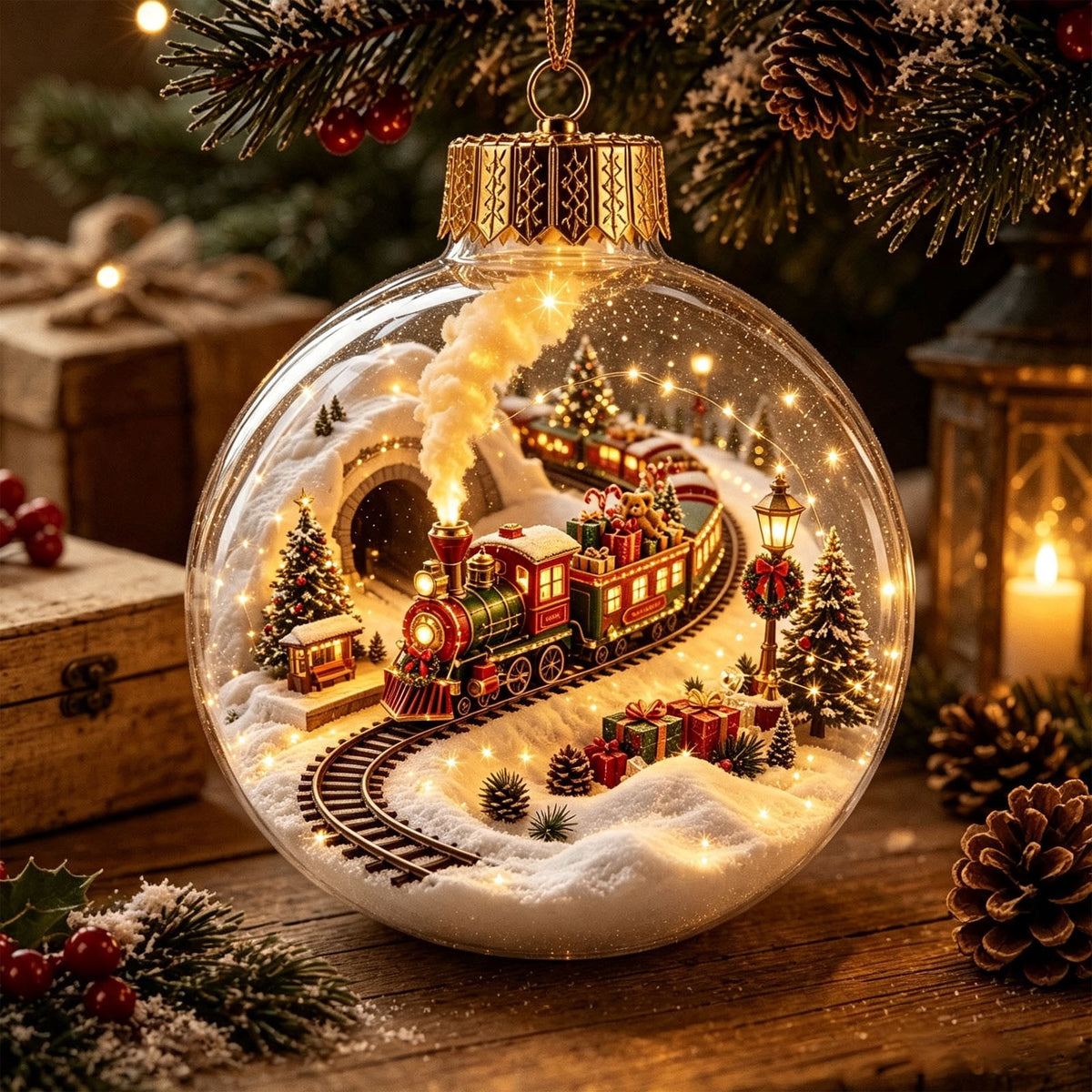 Glowing Christmas Scene Ornament Clearance, 3.15 Inch Light Up Mini Holiday Bauble with Warm LED, Xmas Tree Hanging Decor for Window Mantel Shelf