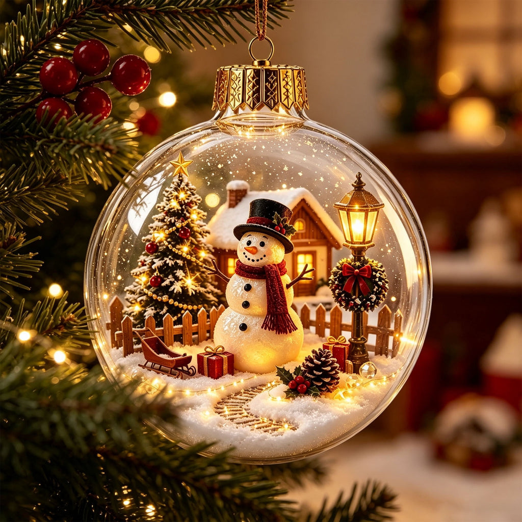Glowing Christmas Scene Ornament Clearance, 3.15 Inch Light Up Mini Holiday Bauble with Warm LED, Xmas Tree Hanging Decor for Window Mantel Shelf