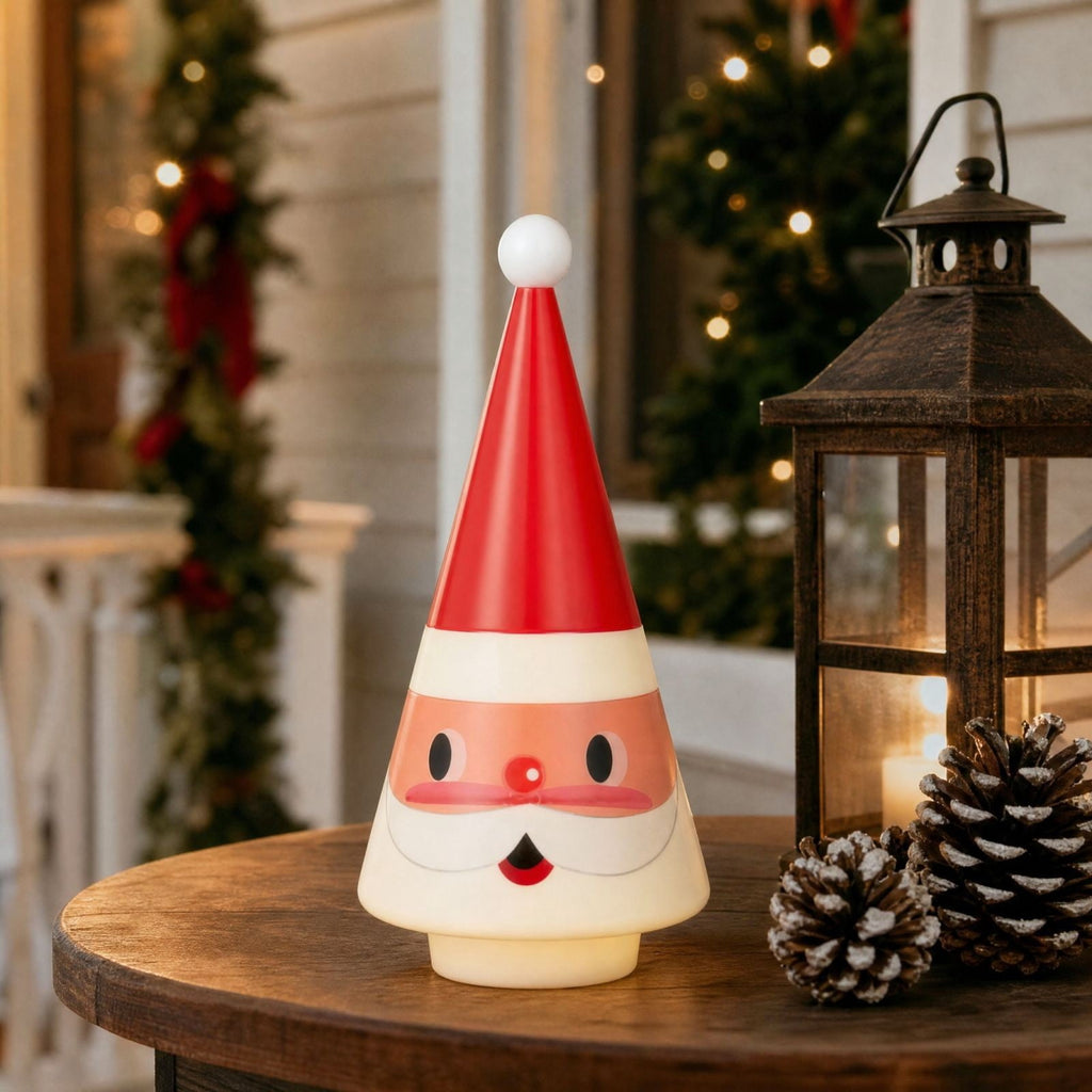 Feledorashia Lighted Santa Figurine, Christmas Tabletop Decoration, 7.87 Inch Cone-Shaped Santa Character Lamp for Mantels Shelves and Entryway Tables, Molded Resin with Internal Light